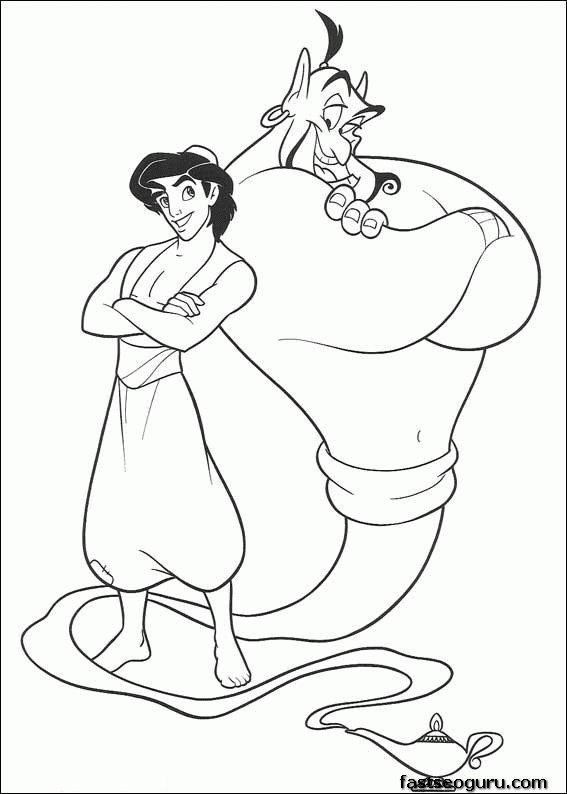Printable Aladdin and Djinni of the lamp coloring page